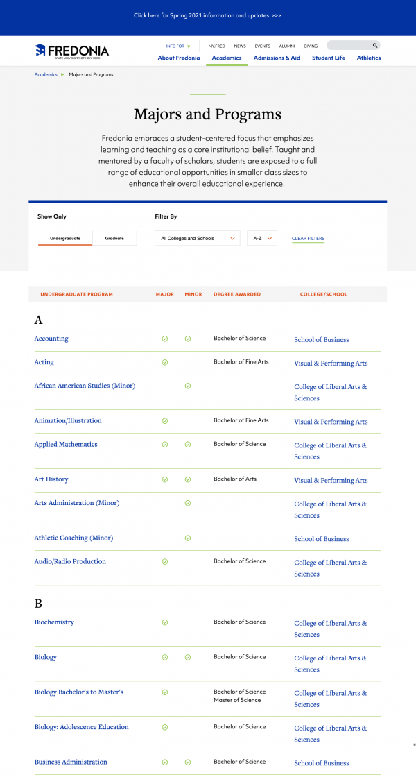 A program finder example from SUNY Fredonia