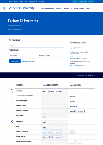 A program finder example from Widener University