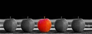 a row of grey apples with one red apple in the middle