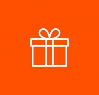 A gift icon on an orange background