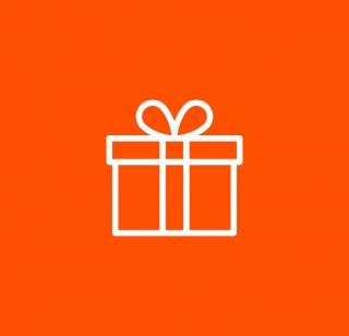 A gift icon on an orange background