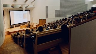 A college lecture hall filled with students